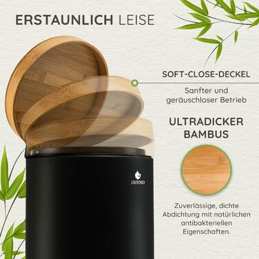 Відро для сміття для ванної Exitoso 5 л чорне - косметичне відро з бамбуковою дерев'яною кришкою та механізмом плавного закриття -