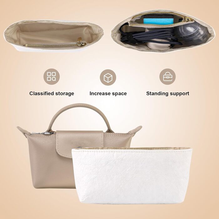 Організатор для сумок для міні-сумки Longchamp, біла вставка для сумок, підкладка для зберігання сумок, на блискавці, що не випада