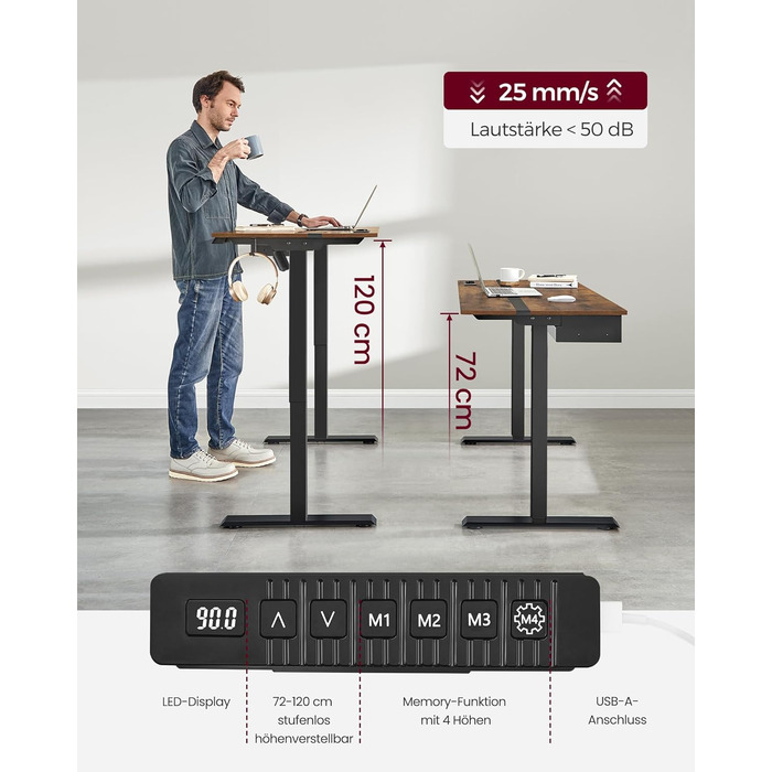 Електричний стіл VASAGLE з регульованою висотою, розеткою та шухлядою, 60 x 140 см, плавне регулювання висоти, функція пам&39яті з 4 висотами, вінтажний коричнево-чорний LSD114X01 140 x 60 см, вінтажний коричневий чорний