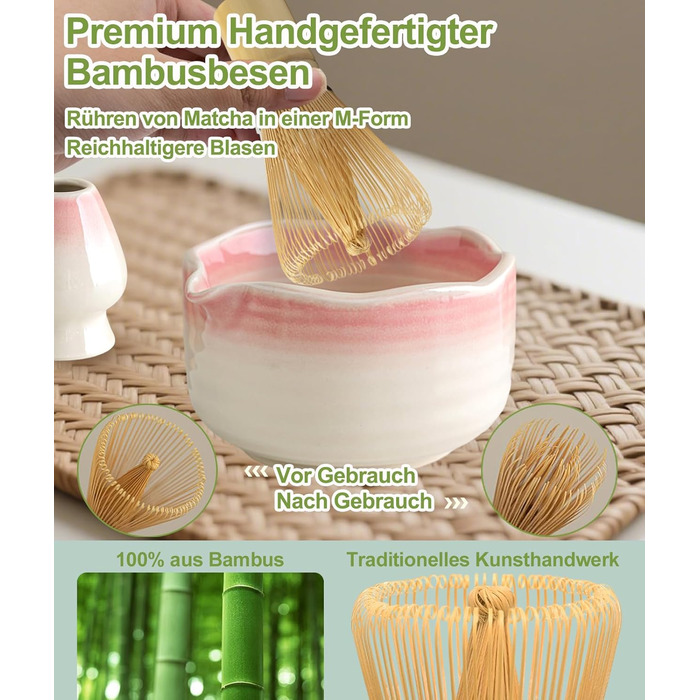 Набір для матча JBER Рожевий Градієнт бамбуковий вінчик (часен), чаша для матча з носиком, підставка для вінчика, ситечко, ложка та підставка, японський набір для поціновувачів матча