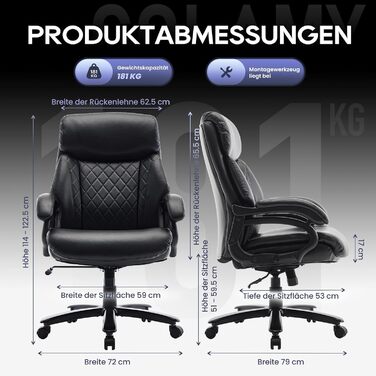 Крісло керівника COLAMY XXL 181 кг - Офісне крісло зі шкіри з високою спинкою, регульованими підлокітниками та структурованою спинкою - Надзвичайно широке сидіння (59 см) для домашнього офісу та офісу, Чорний Black-002 Oversized