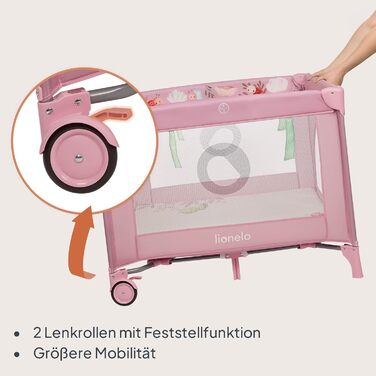 Дитячий манеж та дорожнє ліжечко LIONELO Mille Plus 2-в-1 100x100 см з матрацом та 3D-чохлом для немовлят, вагою до 15 кг (0-36 місяців), бічний вхід на блискавці, 2 колеса з гальмами, складний, сумка для перенесення рожевого кольору