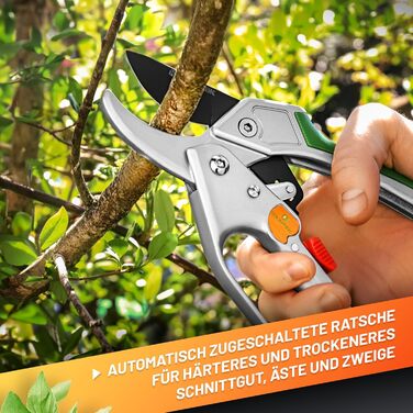 Садові ножиці GRNTEK KONDOR з храповим механізмом 200 мм - лезо SK5, автоматичний храповий механізм, алюмінієві ручки, прецизійне заточування для легкого обрізання гілок. Сучасні садові ножиці з храповим механізмом.