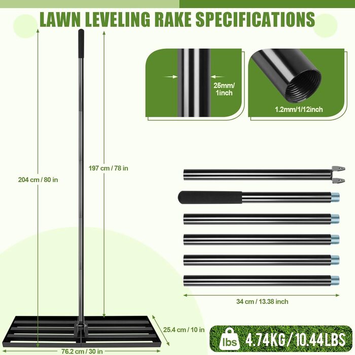 Гребінь для вирівнювання газону з нержавіючої сталі 76x25 см, з ергономічною регульованою ручкою 194 см, для видалення сміття, піску та вирівнювання газону в саду, на гольф-полі та подвірї