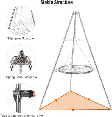 Поворотний гриль REDCAMP з решіткою для гриля, включаючи ланцюги, регульована висота, поворотний гриль для кемпінгу з нержавіючої сталі з круглою решіткою для гриля та сумкою для перенесення для барбекю на свіжому повітрі, сріблястий