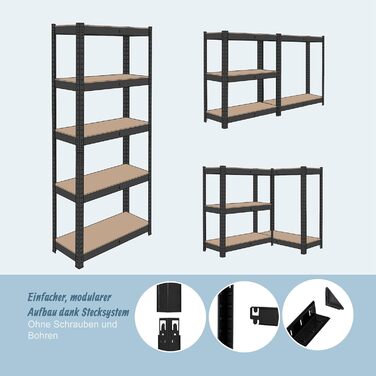 Міцний стелаж Relaxdays, ВxШxГ 180 x 60 x 30 см, 875 кг, 5 полиць, полиця для зберігання в підвалі, вставного типу, чорний/коричневий