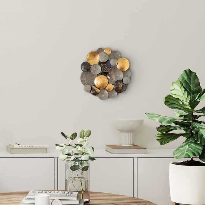 Настінне оздоблення ZEYA металеве Ø 30 см, круглий настінний орнамент 3D, настінна скульптура з металу в золотому чорно-сірому кол