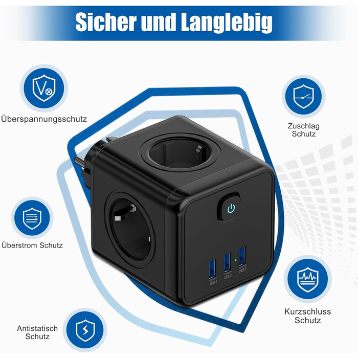 Перехідник для розетки з USB, розетки з вимикачем, подовжувач з USB, 4000 Вт/16 А, 3 USB (5 В/3,1 А), для спальні, подорожей та оф