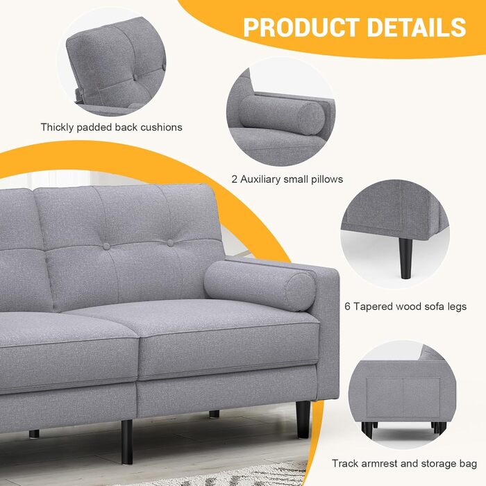 Місний диван, сучасний дизайн з товстими подушками, 2 подушки, зручний лляний диван з 2 відділеннями для зберігання речей для вітальні/спальні/офісу, легко збирається невеликий предмет меблів, класичний сірий, 2-
