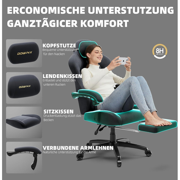Ергономічне ігрове крісло Dowinx з регульованою масажною подушкою для попереку, мікрофібровий велюр, товста подушка сидіння, висувна підставка для ніг, регульовані підлокітники, нахил на 160, світло-чорний колір