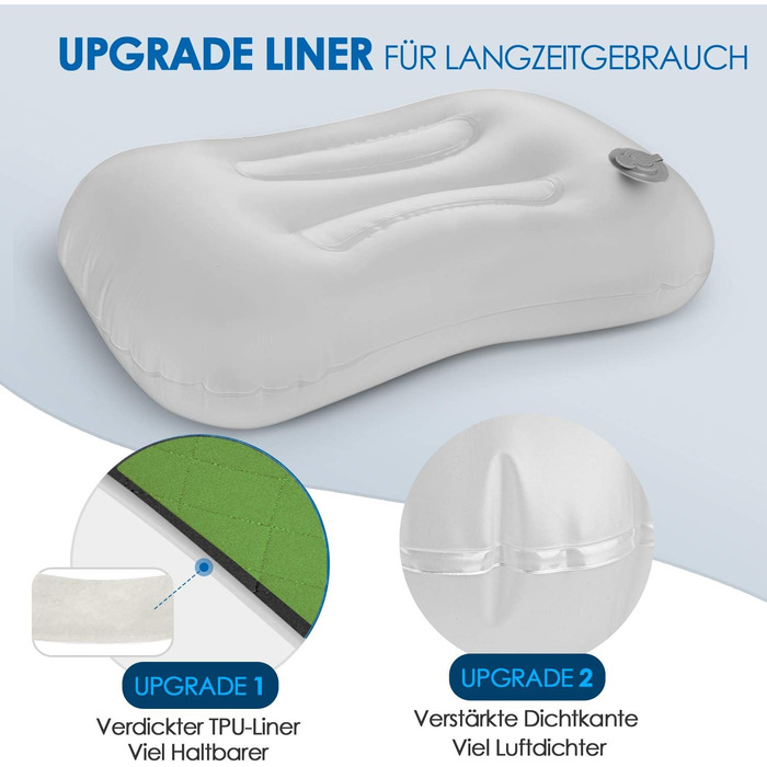 Надувна подушка для кемпінгу/подорожей HIKENTURE зі знімною наволочкою, ергономічна подушка для голови, зручна подушка для шиї для подорожей/використання на свіжому повітрі, надувна подушка для шиї для подорожей (зелена).