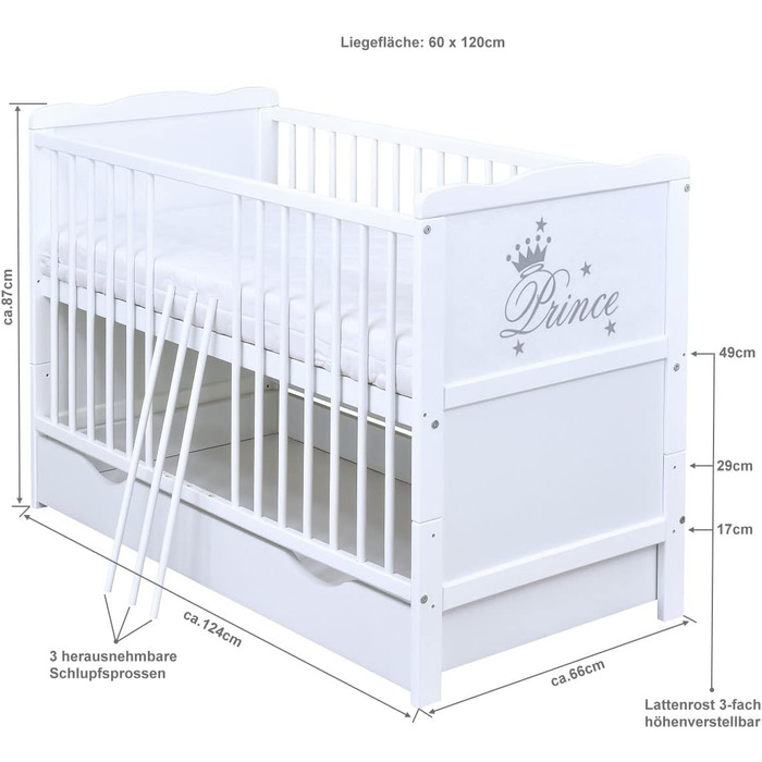 Дитяче ліжечко 60x120, розкладне дитяче ліжко, юніорське ліжко Prince White з шухлядою та матрацом