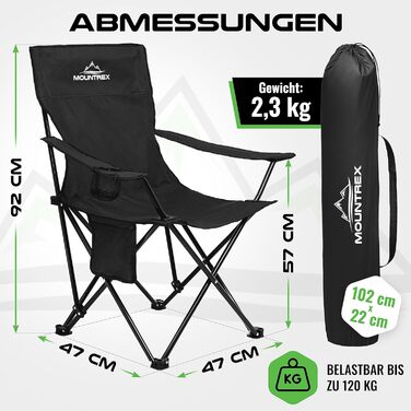 Складаний кемпінговий стілець MOUNTREX (до 120 кг) - Складаний стілець з регульованими підлокітниками - Рибальський стілець, Пляжний стілець - Складаний, компактний та легкий - Кемпінговий стілець з тримачем для напоїв та сумкою, Чорний