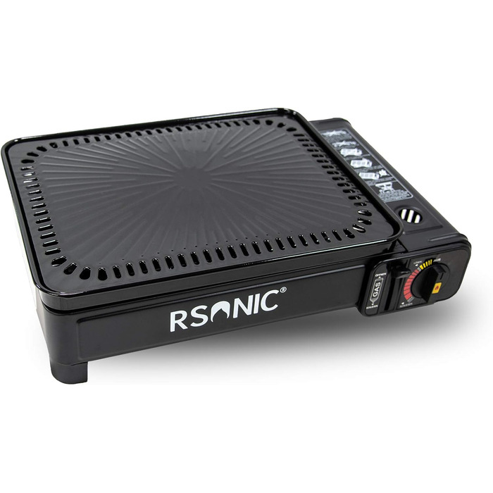 Портативний газовий гриль Rsonic на бутані з решіткою для гриля та пластиною для гриля, включаючи футляр для перенесення, кемпінговий гриль, картриджний гриль, портативний, чорний, безкоштовний освіжувач повітря Clearfee