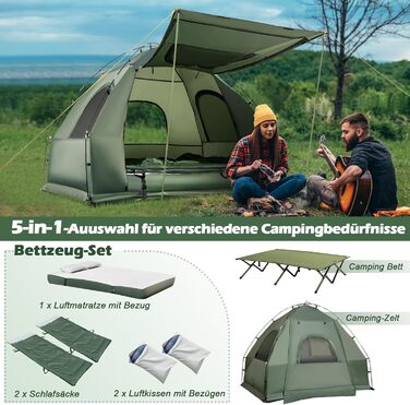 Похідне ліжко з наметом для 2 осіб, водонепроникний кемпінговий намет 5 в 1 з сонцезахисним тентом, надувним матрацом, подушкою, спальником та сумкою для перенесення, шезлонг/кемпінгове ліжко для походів та пікніків