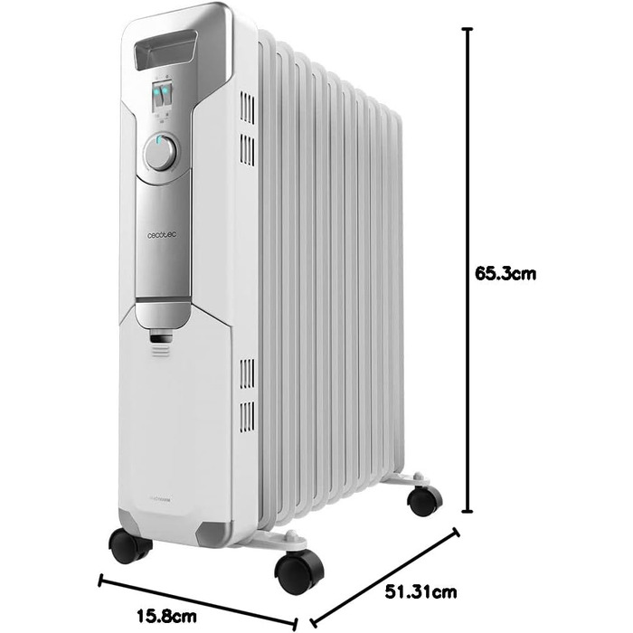 Масляний радіатор Cecotec ReadyWarm 11000 Space. Масляний радіатор потужністю 2500 Вт з 11 нагрівальними ребрами та 3 рівнями потужності, площа охоплення 25 м, місце для зберігання кабелю, легке керування, ручка, колеса. Білий. 2500 Вт