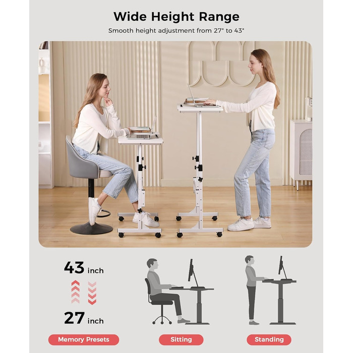 Стіл KLSMYHOKI з регульованою висотою та колесами, стіл для домашнього офісу з можливістю сидіти та стояти, мобільний комп&39ютерний стіл, білий стіл для роботи стоячи, сумісний з біговою доріжкою та килимком для ходьби, 80 см x 40 см, висота 70-110 с