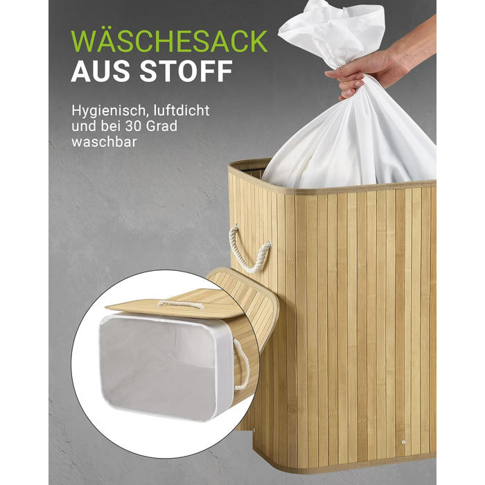 Бамбуковий кошик для білизни Juskys Curly Natural 72 л - Гігієнічний та складаний кошик для білизни з кришкою, ручкою для перенесе