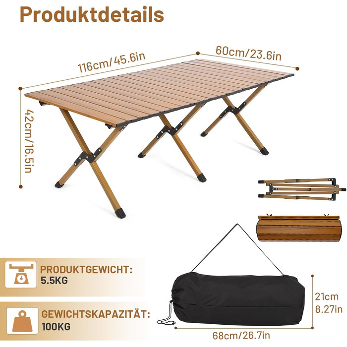 Складаний кемпінговий стіл HAUSPROFI, складний стіл вантажопідйомністю 100 кг, портативний кемпінговий стіл із сумкою для пікніків, приготування їжі, саду, походів, подорожей, балконного столу, столу для пікніка, садового столу, 116x60 см, коричневого кол