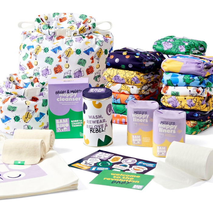 Багаторазові підгузки в наборі - Changemaker Box, 20 х тканинних підгузків, фліс, поглинаючі прокладки, мокрі мішечки та добавка д