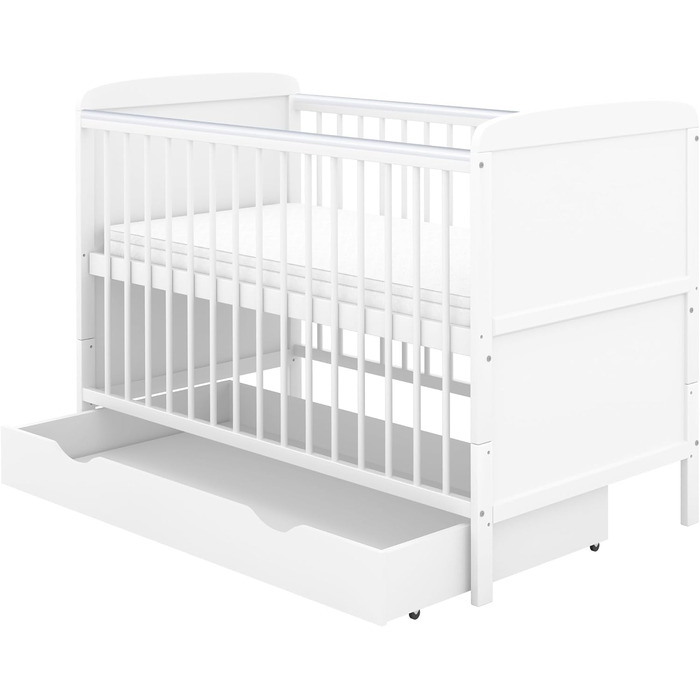 Дитяче ліжечко 70x140 см біле, що трансформується в дитяче ліжко &quotНаталі&quot з шухлядою та матрацом з прорізувачами