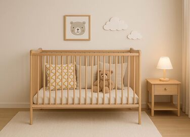 Дитяче ліжко Grzes 120x60 см, Натуральний колір, виготовлене з бука, перевірено на відповідність EN 716, регульована по висоті рейкова основа, 3 знімні перекладини, Натуральний колір