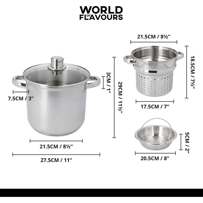 Каструля для пасти KitchenCraft World of Flavours з дуршлагом та паровою корзиною для овочів у подарунковій коробці, нержавіюча сталь, під індукцію, 4 л