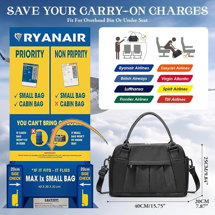 Мала дорожня сумка, 40x20x25 см, Ручна поклажа Ryanair для літаків, Спортивна сумка на вихідні, Жіноча водонепроникна дорожня сумка, Сумка для підгузків, Сумка для клініки, Сумка для пологів, Лікарняна сумка з відділенням для взуття, B-Black B01-black Rya