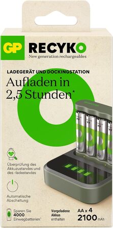 Зарядний пристрій GP ReCyko USB B441, включаючи 4 батареї ReCyko AA 2100 мАг та USB-док-станцію, зарядний пристрій для батарей AA AAA зі світлодіодними індикаторами
