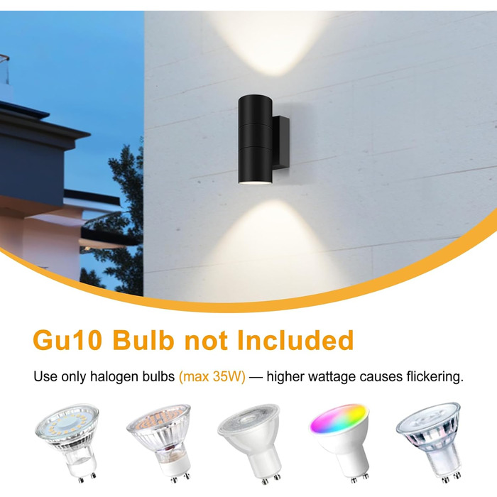 Вуличний настінний світильник Kerry, водонепроникний IP65, чорні алюмінієві настінні світильники з підйомом/опусканням, настінний світильник GU10 для саду, патіо, входу, лампочка не входить до комплекту - дві штуки, чорний