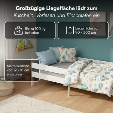 Дитяче ліжко Bellabino Kuru 90x200 см Дитяче ліжко із захистом від падіння та рейковою основою Дитяче ліжко з місцем для зберігання Дитяче ліжко з дерева Односпальне ліжко для хлопчиків та дівчаток для дитячих кімнат білого кольору без шухляд, матрац не в