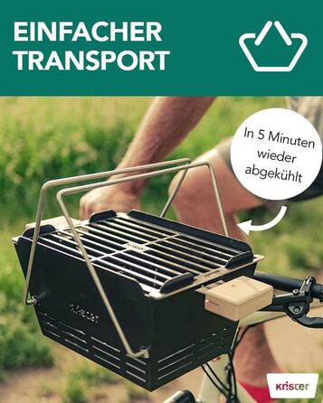 Портативний вугільний гриль Knister Ідеально підходить як кемпінговий гриль та вогнище Для 2-6 осіб З міцною решіткою з нержавіючої сталі та виготовлено в Німеччині Чорний