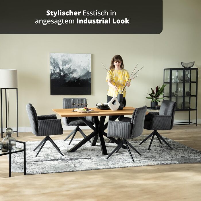 Обідній стіл KHG 160 x 90 см, кухонний стіл з масиву промасленого дуба - швейцарська кромка, чорна металева зіркоподібна основа, промисловий дизайн, стіл для 6-8 осіб, вантажопідйомність до 50 кг