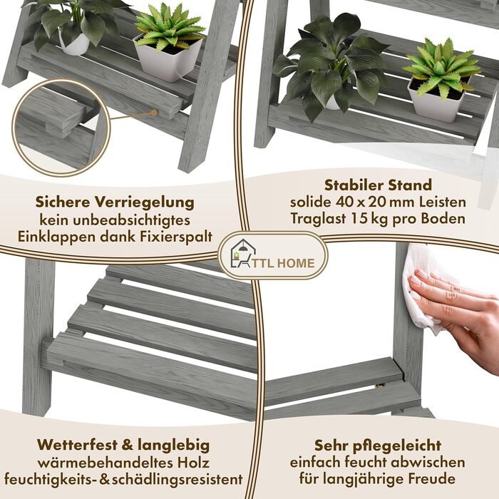 Квіткова драбина S 52x424см світло-сіра - 2-ярусна квіткова драбина, декоративна та стійка до атмосферних впливів, виготовлена з масиву дерева - підставка для рослин для квартири, балкону, тераси, для вулиці та приміщень, складна, S - 52x424см