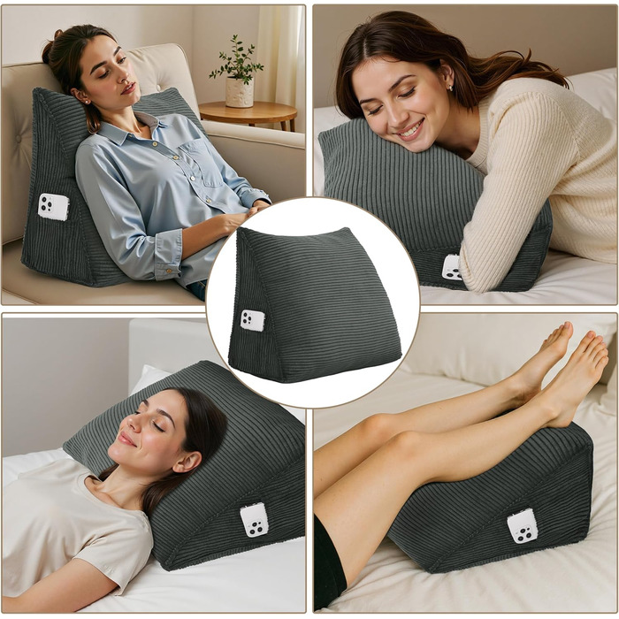 Вельветова клиноподібна подушка - трикутна спинка для ліжка та дивана, подушка для читання, ергономічна спинка, знімна, чохол, який можна прати (темно-сірий, 45 x 35 x 20 см) Темно-сірий 45x35x20 см
