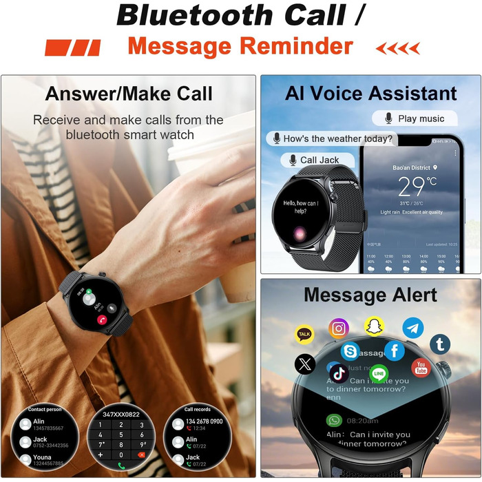 Розумний годинник для чоловіків та жінок з функцією телефону функція Bluetooth-дзвінків, водонепроникний фітнес-трекер, розумний годинник з пульсометром, монітор сну, крокомір, спортивний годинник, Android/iOS, чорний