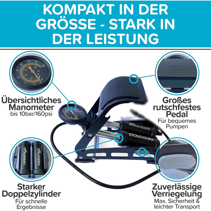Ножний насос CYCLEHERO з подвійним циліндром та манометром - відзнака ДУЖЕ ДОБРЕ - для всіх клапанів, велосипедний, автомобільний