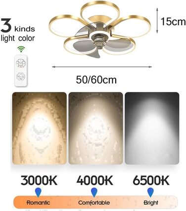 Сучасний стельовий вентилятор з підсвічуванням, прихований монтаж, світлодіодне затемнення в 3 кольорах з пультом дистанційного ке