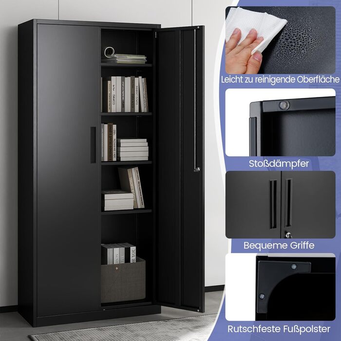 Шафа для документів COSTWAY із замком, металева шафа 180 см з подвійними дверима та 4 регульованими полицями, сталева офісна шафа, багатоцільова шафа/майстерня для офісу, вітальні, гаража, чорна 80 x 40 x 180 см