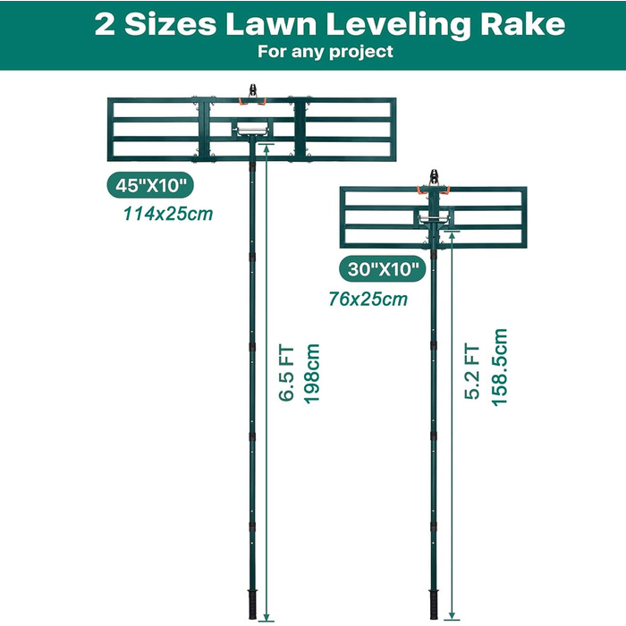 Вирівнювач газону Rasenrakel Міцний граблі для вирівнювання ґрунту, піску (76x25 см) з гаком для підвішування та регульованою ручкою для саду, городу, гольф-полів