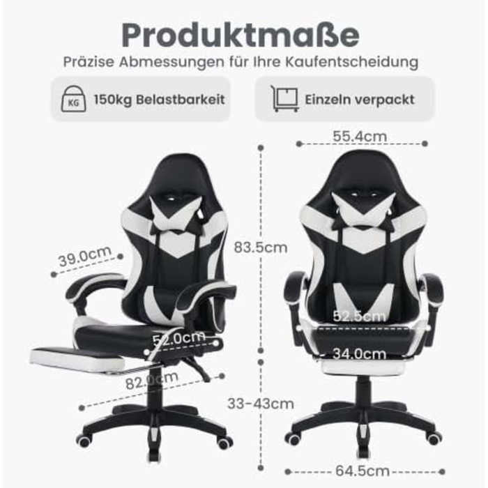 Ігрове крісло з поворотом на 360, ергономічне офісне крісло, регульоване по висоті з підставкою для ніг офісне крісло з підголівником та поперековою подушкою, гоночний дизайн, висока шкіряна спинка для офісу та ігор, білий/чорний