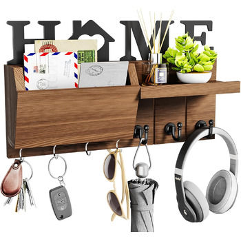 Ключниця HapiRm з декором HOME, дерев'яна ключниця з 7 гачками для ключів, ключниця з полицею Підходить для вхідної зони, вхідних