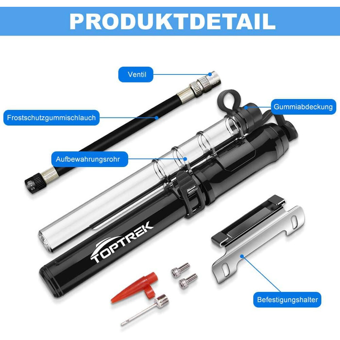 Міні-велосипедний насос Toptrek 260PSI, сумісний з усіма клапанами (Presta та Schrader), малий велосипедний насос для гірських велосипедів, шосейних велосипедів, електровелосипедів, гірських велосипедів