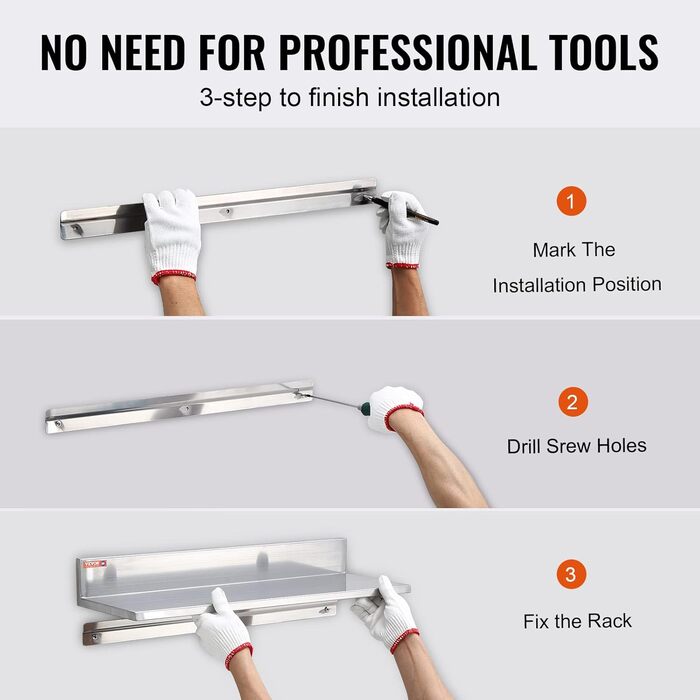 Настінна полиця для спецій VEVOR, 2 шт., підвісна кухонна полиця 610 x 218 x 85 мм, плаваюча полиця з нержавіючої сталі, вантажопідйомність 20 кг, полиця для спецій, підходить для кухонь, ресторанів, готелів тощо.