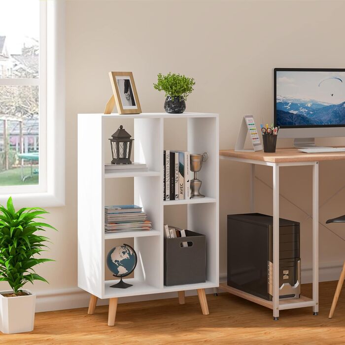 Книжкова полиця WOLTU, кімнатна перегородка, окремостояча полиця білого кольору, полиця для зберігання речей для вітальні, спальні, офісу, виготовлена з інженерної деревини, з ніжками з масиву дерева, 60x95x30 см, SK011ws