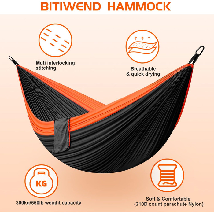 Відкритий кемпінговий гамак BITIWEND 300 x 200 см  на  2 особи вантажопідйомністю до 300 кг з дихаючого нейлону помаранчевий