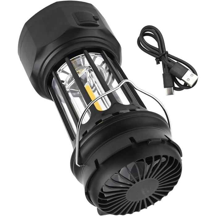 Ліхтар для кемпінгу, портативний багатофункціональний ліхтар з акумулятором 1200 мАг, складний вентилятор та зарядка через порт Type-C, 250 люмен, ABS хромоване залізо, чорний/білий