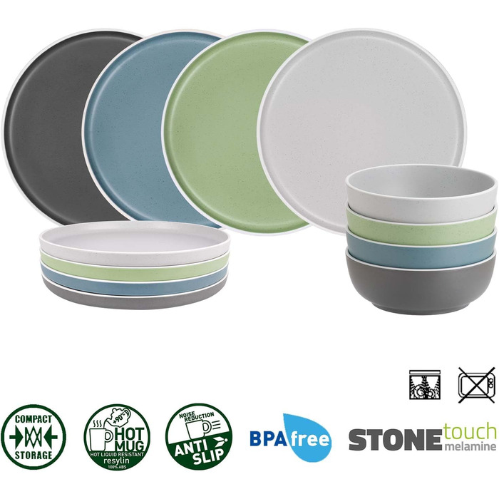 Набір меламінового посуду для кемпінгу 12 предметів - Тарілки та миски для 2-4 осіб DOLOMIT Midday - Штабелюється, стійкий до подряпин Midday, 12 предметів