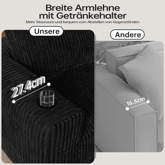 Модульний диван DURASPACE, диван Cloud Boneless з глибоким сидінням, підсклянником, піною з ефектом пам&39яті, L-подібний вельветовий диван, розкладний диван-ліжко для вітальні та спальні, не потребує складання, шезлонг праворуч