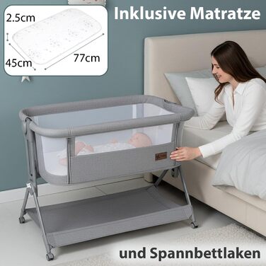 Приліжкове ліжечко Baby Comfortly з колесами Складане та регульоване по висоті (5 рівнів), дихаюче, підходить від 0 місяців до 9 кг, в комплекті матрац, простирадло та сумка не потрібно збирати (колір дерева)